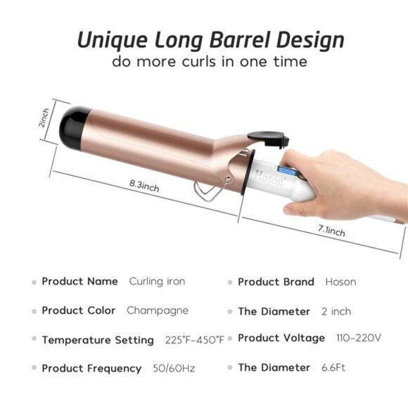 2 Inch Curling Iron Large Barrel, Long Barrel Curling Wand Dual Voltage, Ceramic - Picture 5 of 7